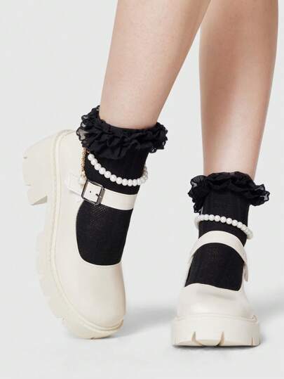 Kawaii Women White Mary Jane Small Leather Shoes, Closed Toe Gothic Shoes With Strap Buckle, Faux Pearl Lace-Up Loafers, Platform & Thick Sole Flats