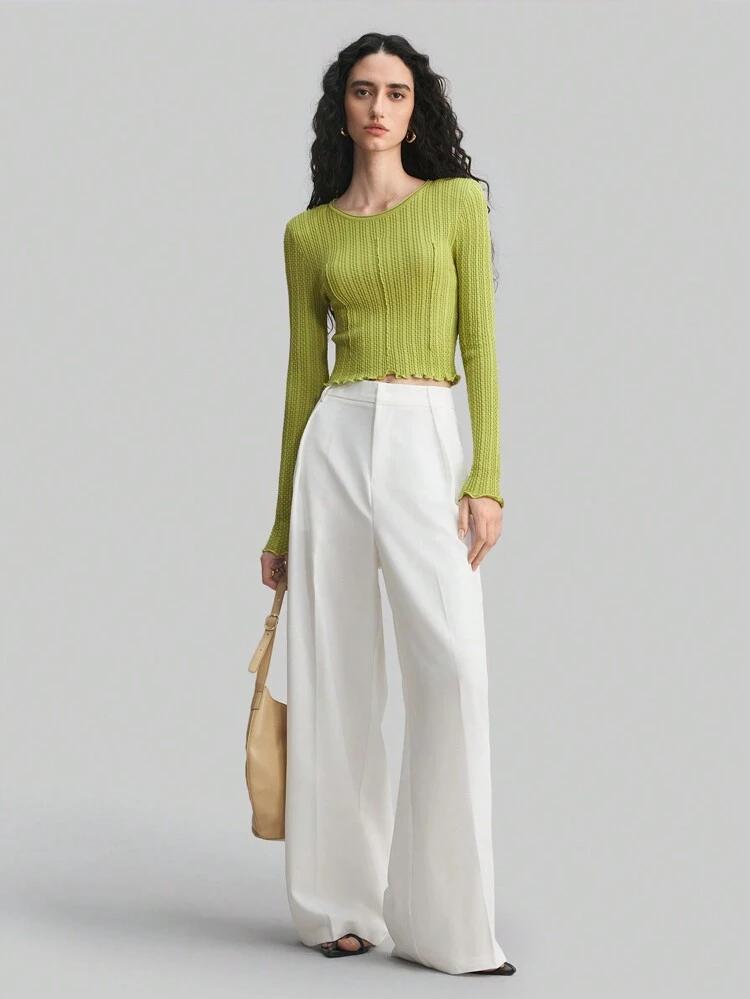 Women Green Textured Hollow-Out Cropped Long Sleeve Blouse Summer Women Spring Tops Long Sleeve Women Tops