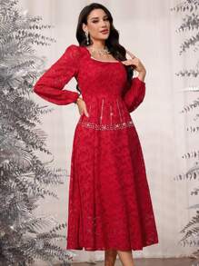 Modelyn 女士优雅编织提花面料方领拼接银色丝带前水钻装饰修身长裙 - 紅色 - 查看 4