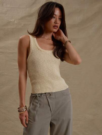 MUSERA 罗纹针织圆领修身无袖背心，适合春夏穿着，可爱休闲，充满Y2K/90年代复古风情。奶油黄配色，机场度假、冬季日常办公、时尚休闲、嘉年华假期皆宜。