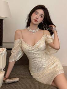 DAZY 女士链条饰边丝绒紧身连衣裙派对女士吊带裙返校礼服奢华舞会礼服亮片性感连衣裙闪亮连衣裙 - 杏色 - 查看 5