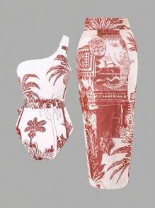 Swim Oasis Conjunto de traje de baño bohemio de 2 piezas para la primavera con un bañador de una pieza de estampado aleatorio con un hombro descubierto y cinturón, talla grande una falda larga floral con nudo delantero para la playa - Rojo - Ver 4