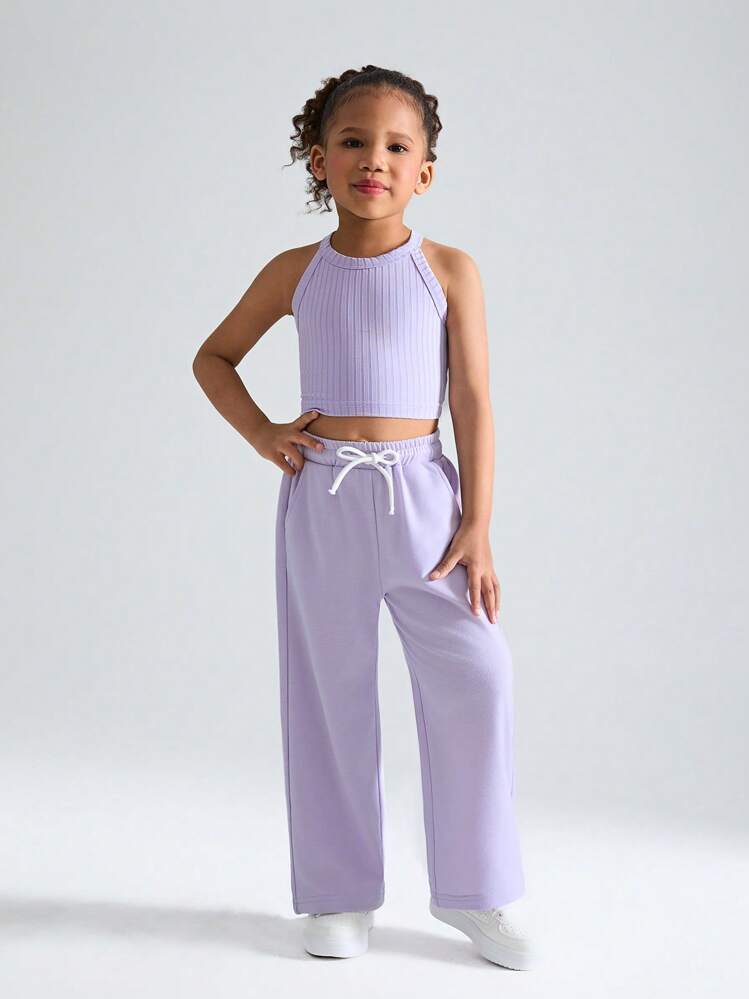 Young Girls Casual Sports Set, Solid Color Stretchy Crew Neck Tank Top + Loose Elastic Waist Wide Leg Sweatpants, Comfortable Sports Outfit For Summer Casual Wear And Daily Use - Mauve Purple - View 5