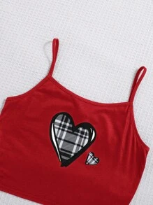 SHEIN Teen Girl Heart Print Camisole And Plaid Pants Pajama Set