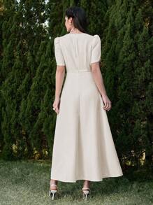 Modelyn Women's Elegant Solid Color Balloon Sleeve Arabic Style Long Dress - White - View 3