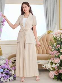 3 件套少女优雅白色吊带背心、杏色束带西装外套和宽腿褶皱裤套装 - 卡其色 - 查看 1