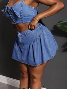 Slaydiva Chân váy denim mini cỡ lớn, dáng chữ A rộng rãi, gợi cảm, màu xanh - Rửa trung bình - Xem 5