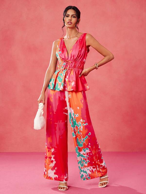 Eva Novielli Designer Boho Bohemian Satin Imprimat All-Over Colorat Talie elastică Adanc V Top de vară Vacanță, Festival, Ibiza Se potrivește