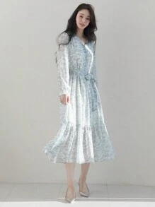 DAZY Damen V-Ausschnitt Ditsy Blumen Kordelzug Midi-Kleid, Herbstkleid Abendkleid