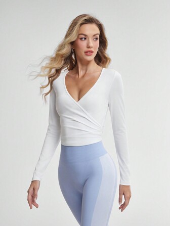 Lifespree 女士纯色裹身 V 领长袖运动 T 恤