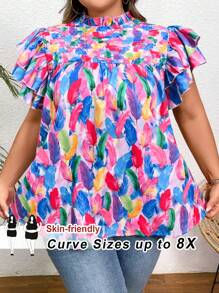 SHEIN CURVE+ 大码女式休闲花卉印花双荷叶边袖宽松衬衫，夏季波西米亚风度假