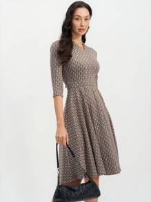 EMERY ROSE 女士春夏 V 领 3/4 袖几何针织嵌花提花优雅通勤连衣裙 - 彩色 - 查看 5