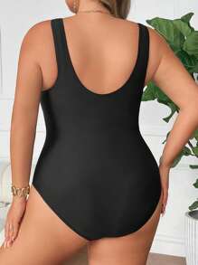 SHEIN CURVE+ Plus Size Women's Simple Square Neck Backless One-Piece Swimsuit, Summer - Black - View 2