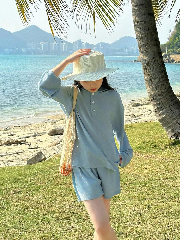 2pcs Tween Girl Front Button Long Sleeve Casual Top And Shorts Set,Back To School Clothes