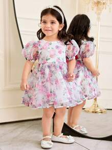 SHEIN Baby Girls' Floral Organza Puff Sleeve Ruffle Dress With Contrast Back Bow, Suitable For Party, Vacation, Wedding, Flower Girl Dress - Red - View 6