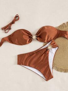 Swim Vcay Set de 2 bikinis tipo bandeau de unicolor con decoración metálica elegante y tela brillante, para playa y vacaciones de verano