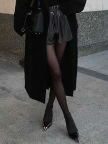 DAZY Women's Solid Color Elastic Waist Fashionable High Waist PU Leather Shorts - Black - View 3