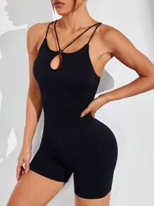 SHEIN Sports Bộ đồ liền thân thể thao chéo hở lưng màu trơn dành cho nữ để tập thể dục hàng ngày - màu đen - Xem 5