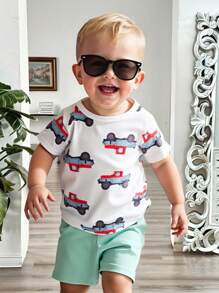 2pcs/Set Toddler Unisex Cute Cartoon Car Print Top And Gray/Green Shorts Outfit, Perfect For Baby Boy To Wear In Summer For All Occasions - Multicolor - View 3