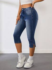 SHEIN Tall 女款超低腰紧身弹力蓝色牛仔七分裤 - 中等水洗藍 - 查看 4
