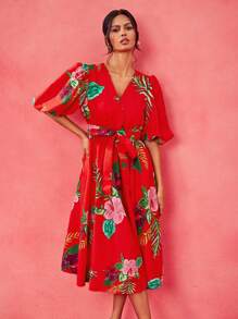 EBIB 设计师波西米亚风波西米亚红色热带印花泡泡袖深 V 腰系带中长连衣裙、节日、音乐会服装、狂欢、舞会礼服