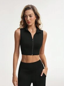 Gameset SHEIN Sport Chaqueta casual de verano sin mangas con cremallera de unicolor para mujer - Negro - Ver 5