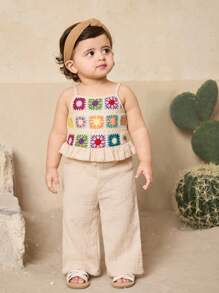 SHEIN 女婴可爱荷叶边钩针装饰吊带连体裤夏季