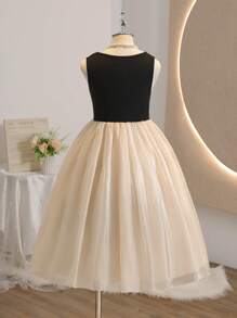 Girls' Knitted Vest With Net Mesh Ruffle Skirt, Elegant Tutu Dress Suitable For Weddings, Parties, Flower Girl, Bridesmaids, Princesses - Black - View 2