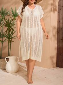 SHEIN Swim Curve Plus Size Women Apricot Hollow Out V-Neck Side Split Knitted Beach Cover-Up, For Summer Vacation