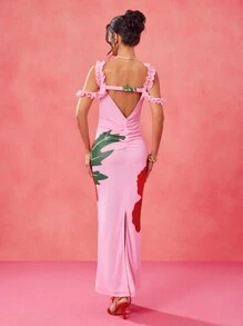 BELANGE HANDMADE Designer Pink Floral Print Frill Trim Ruched Maxi Dress, Romantic Dating Dress, Festival, Concert Outfit Women Formal Prom Dresses For Women Resort Dresses For Women Dresses For Women Prom Dress Women Formal Women Formal Women Formal Prom Dresses For Woman Women Formal, Rave, Pastel, Brunch Outfits, Tea Party Dress Women Maxi Dress Prom Dresses For Ladies