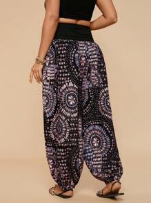 Travachic Plus Size Women Boho Floral Print High Waist Wide Leg Casual Loose Palazzo Pants For Spring/Summer