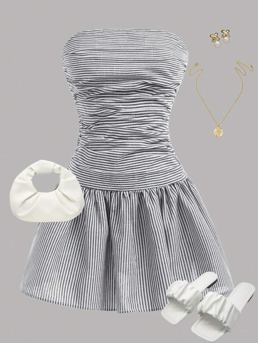 Girlism Váy ngắn chữ A cạp chun co giãn sọc đen trắng cho bé gái tuổi teen, trang phục đi biển thường ngày - Đen và trắng - Xem 1