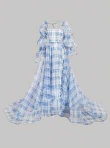 SHEIN MOD Women's Plaid Square Neck Lotus Leaf Sleeve Elegant Dress,Bow,Valentines Clothes,Summer Vacation,Spring/Summer,Brunch,Valentine Day,Beach Outfits For Woman,Valentine Day Outfit Women,Cruise Outfits Women Sexy,Easter,Western Wear Women,Gothic Women Clothes,2000s Style,Carnival,Wedding Guest Dress Women - Blue and White - View 2