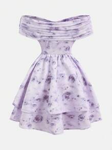 SHEIN Girlism Vestido morado con hombros descubiertos, cuello en V cruzado, drapeado, estilo línea A con capa, estampado floral pequeño en malla, estilo "chica limpia", lindo, para vacaciones, elegante, para primavera/verano, para adolescentes - Morado - Ver 2