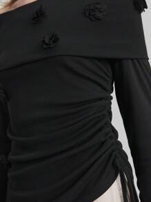 Ontre 女式黑色长袖露肩衬衫，带 3D 玫瑰花图案，夏季女士春季上衣，长袖女士上衣 - 黑色 - 查看 7