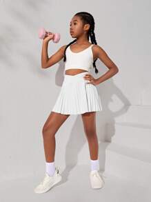 SHEIN Tween Girl Knit Solid Color With Leggings Pleated Skirt Sports Outfit