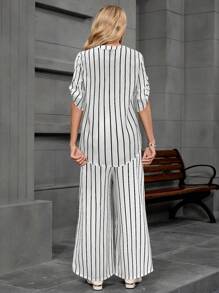 EMERY ROSE Women's Striped Two-Piece Set: Casual V-Neck Shirt And Wide Leg Pants Set