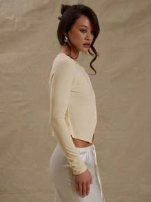 MUSERA Cropped Crew Neck Button Down Long Sleeve Fitted Tee Butter Yellow Airport Holiday Cute Fall Back To School Autumn Winter Christmas,Elegant