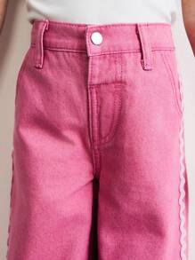 THE HAPPY LOOK Young Girls Loose Fit Embroidered Straight Leg Pink Casual Jeans, Autumn/Winter
