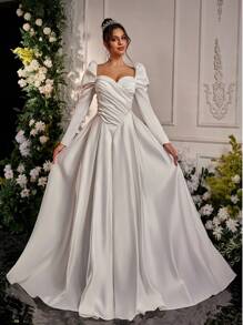 Glamrae Elegante romantische witte hartkraag gerimpelde bisschopsmouw V-hals taille split gerimpelde extra grote rok prachtige trouwjurk voor huwelijksceremonie
