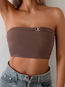 SHEIN Swim 女士纯色抹胸简约比基尼上衣休闲泳装，夏季海滩度假 - 棕色 - 查看 4