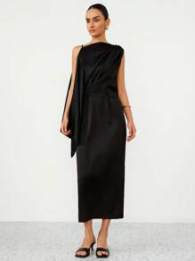 Aveloria Modichic Commuter Asymmetrical Neckline Spaghetti Strap Sleeveless Ruffle Falbala Ruched Mock Dress For Women - Black - View 4