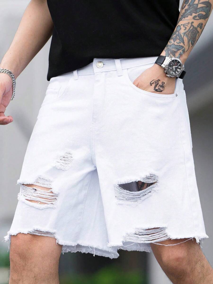 Manfinity Homme Plus Size Men's Casual Denim Shorts, Minimalist And Fashion For Daily Wear - White - View 1