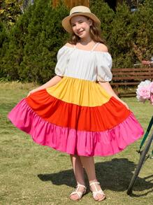 Tween Girls Summer Off Shoulder Färgglad Splicing Casual Lös Bekväm klänning - Multifärgad - Visa 4