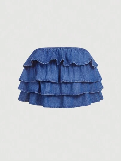 SHEIN MOD Blusa corta de mujer de mezclilla con bajo con volantes, azul