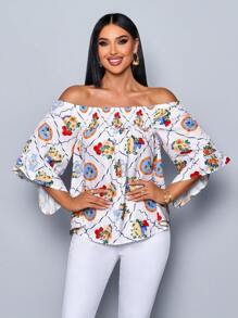 SOLERSUN Camisa informal y elegante con hombro descubierto, estampado floral tropical, para vacaciones, para mujeres, top de moda - Blanco - Ver 4