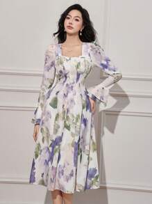 DAZY 女式花卉印花方领喇叭袖口中长连衣裙，荷叶边，秋季连衣裙长袖连衣裙