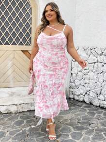 SHEIN CURVE+ CURVE PLUS /Ngày Valentine/Đầm nữ cỡ lớn mùa hè màu hồng lãng mạn xếp nếp thanh lịch, đầm dự tiệc, đầm dạ hội, đầm đi học, đầm sinh nhật, đầm hẹn hò ngày Valentine - Hồng - Xem 6