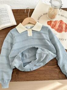 Blossori Young Boys Polka Dot & Striped Loose Knit Polo Sweater, Autumn/Winter - Multicolor - View 5