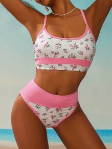 Swim Mod Women's Ditsy Floral Color Block Top And Bottom Swimwear Bikini Set, For Summer Beach Vacation - Multicolor - View 5